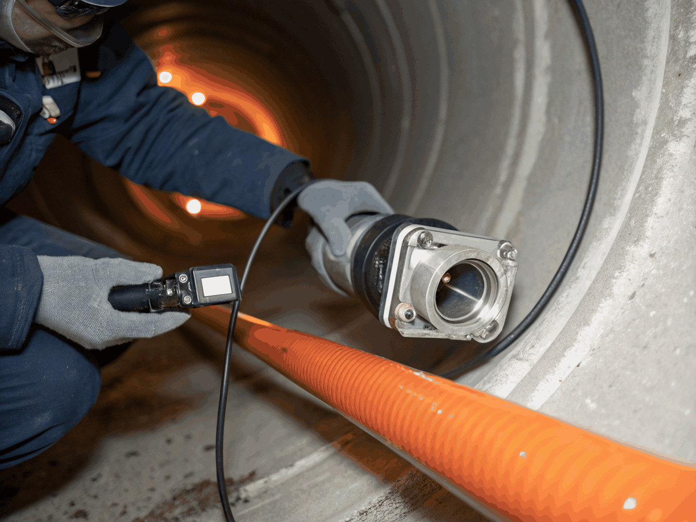 Technicien OT Solution effectuant une inspection par caméra HD dans un drain résidentiel